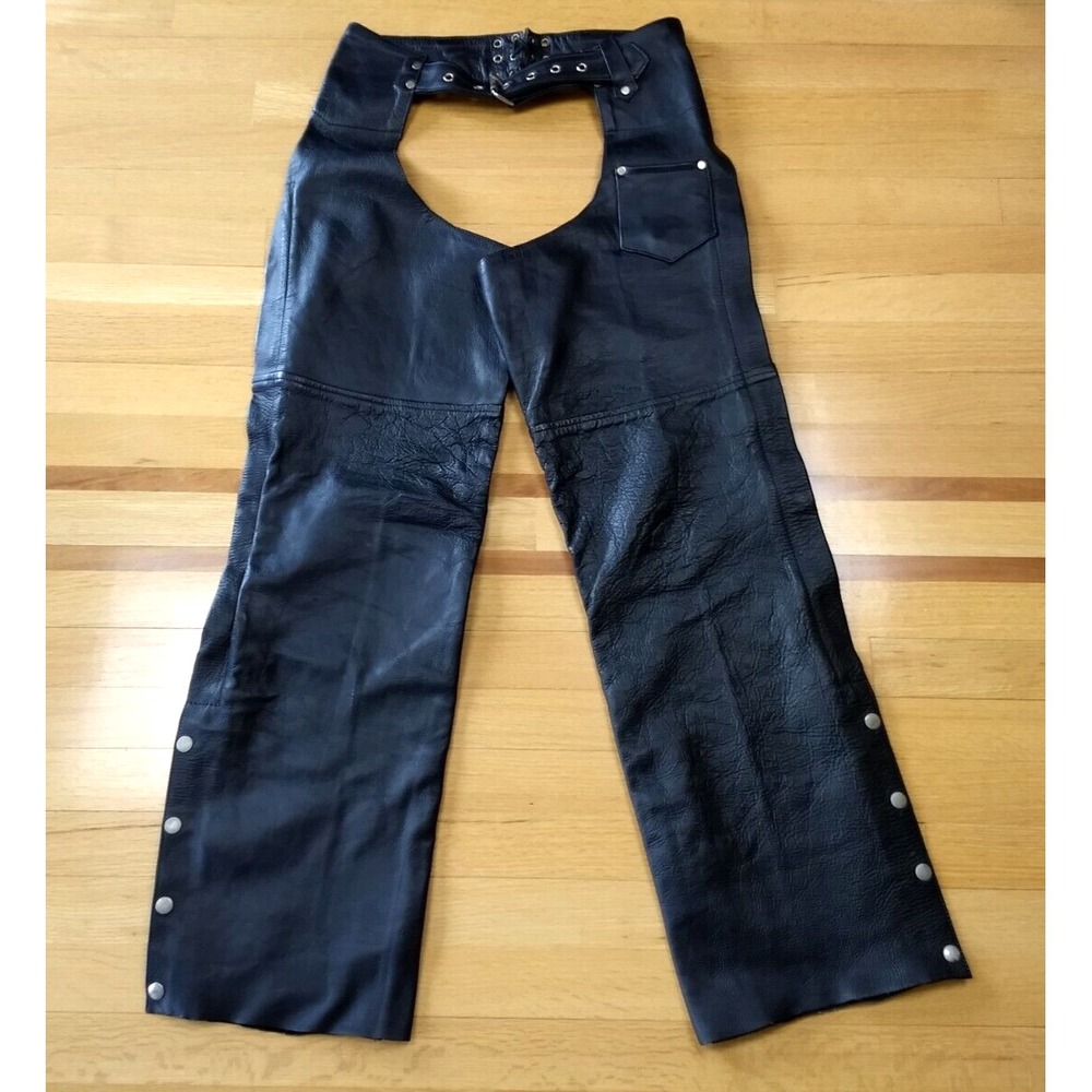 Motorcycle Riding Chaps Black Leather Pants Women's M Adjustable Belt Cross Ties
